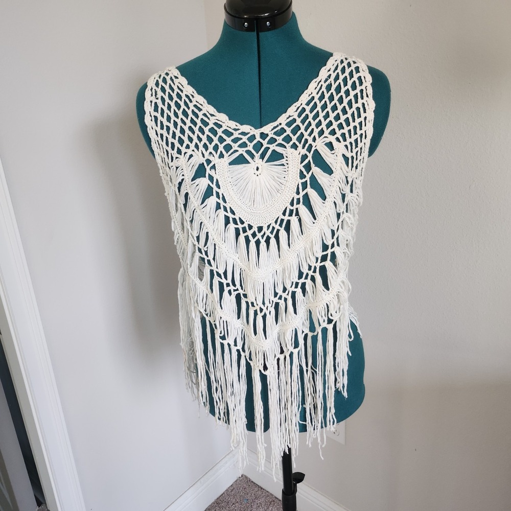 Ekouaer Crochet Top Womens Medium White Macrame Open Knit Tassels Boho